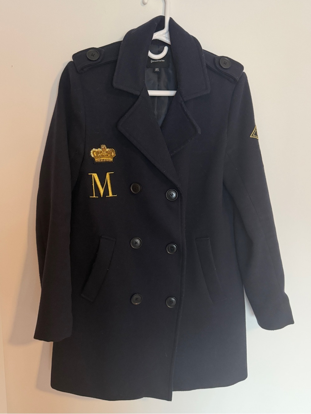 Stradivarius Navy Blue Military Pea Coat Jacket Gold Crown Crest Patches Small